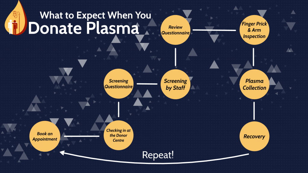 A diagram with a navy background entitled "What to Expect When You Donate Plasma" with eight yellow circles representing each step.